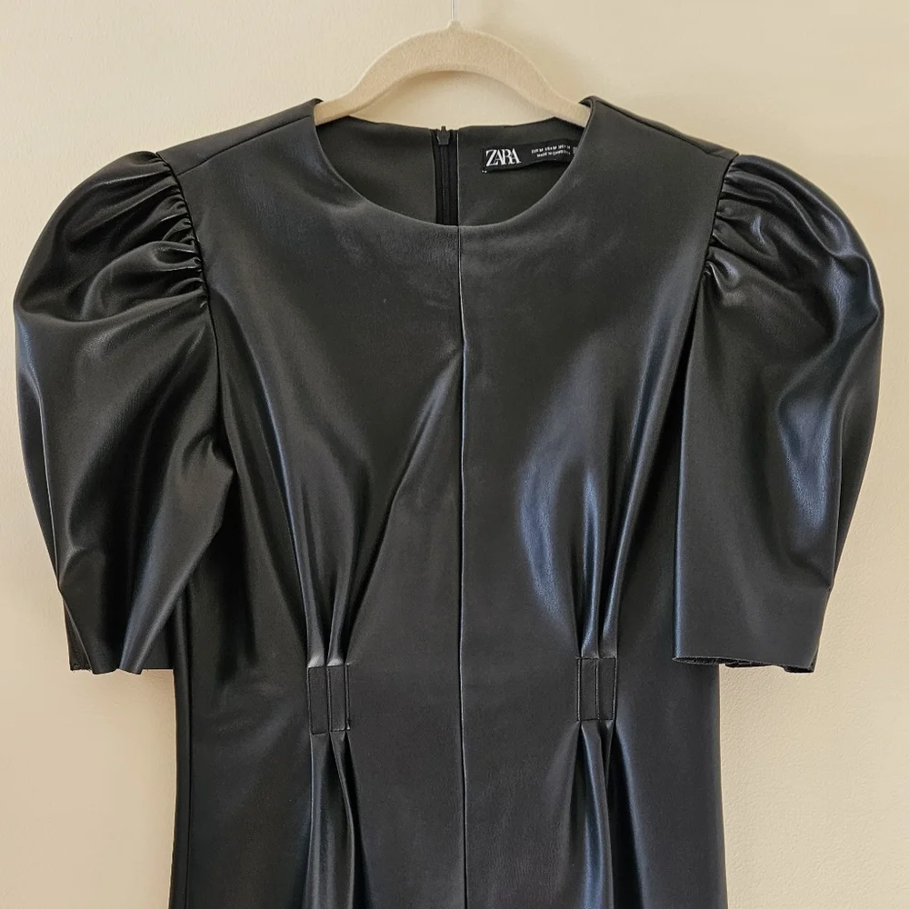 ZARA Black Leather Puff Sleeve Mini Dress Stretch Size Medium - Picture 4 of 13